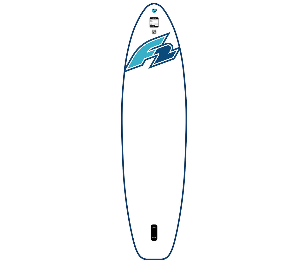 Weißes F2 SUP Board »Drive«, groß, mit blauem Rand und blauem F2-Logo oben.