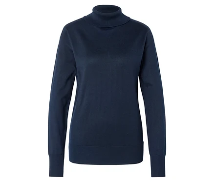 Blauer Rollkragenpullover mit langen Ärmeln, isoliert auf Weiß dargestellt.