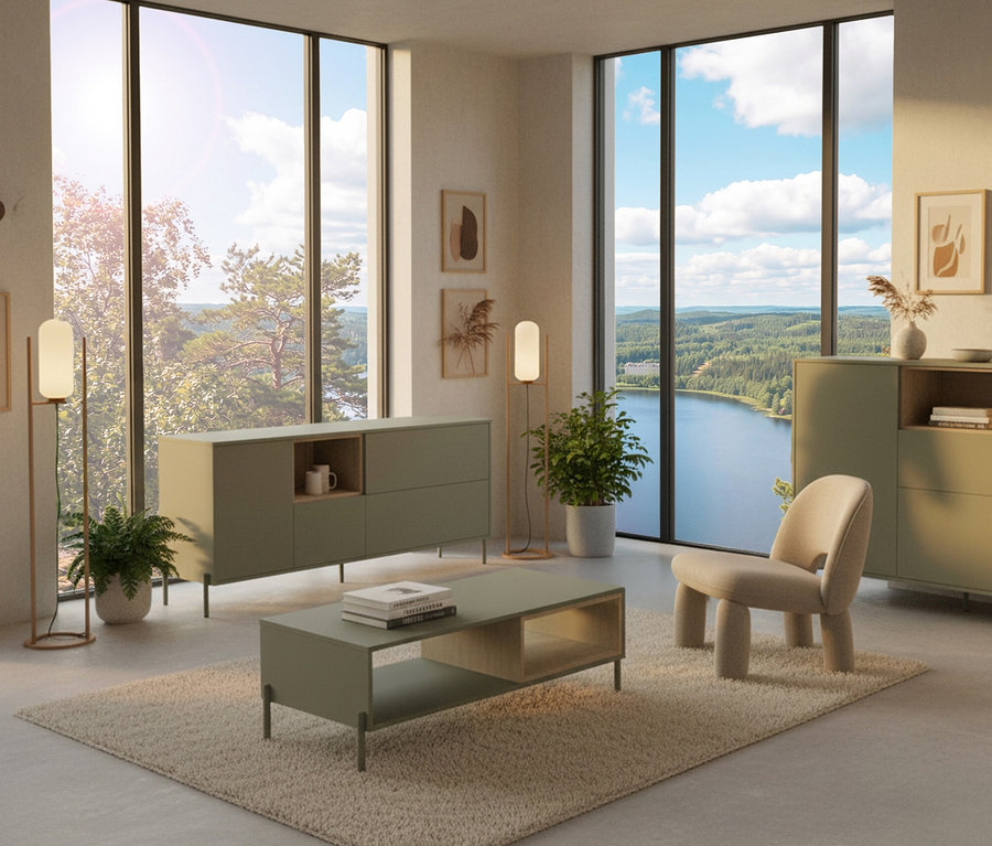 Wohnzimmer mit salbeigrünem Highboard »Hygge« mit 2 Türen, Sessel, Couchtisch, Stehlampen, Zimmerpflanzen und Blick durch Fenster.