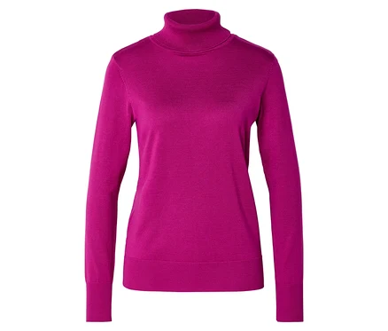 Magenta Feinstrick-Rollkragenpullover mit langen Ärmeln und Rippbündchen.
