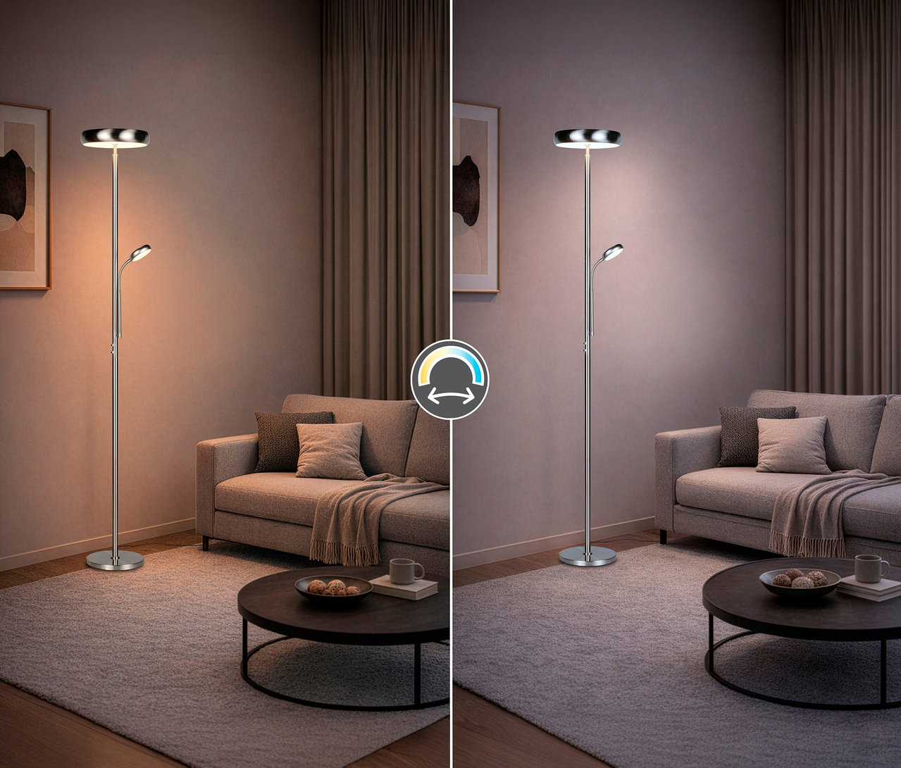 Aufgeteiltes Bild zeigt die Trio Stehleuchte »Palermo« in Nickelfarben in zwei Lichtstimmungen in einem Wohnzimmer.