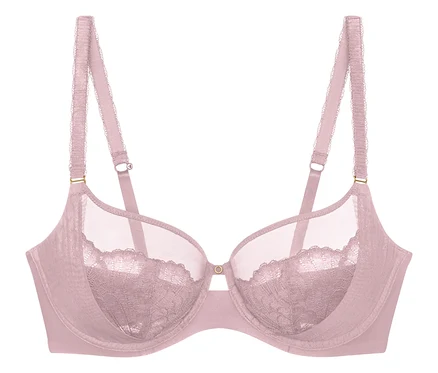 Ein rosafarbener Bügel-BH mit Spitzendetails an den unteren Cups und transparentem Stoff an den oberen Cups.