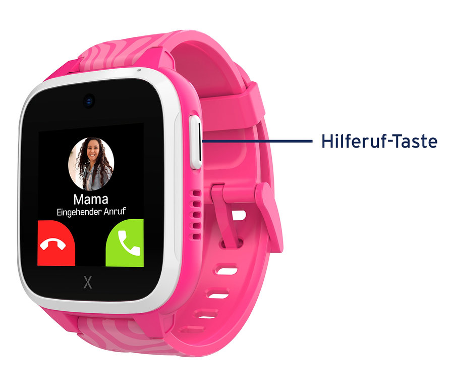 Nahaufnahme der pinkfarbenen Kinderuhr Xplora XGO3 2nd Gen. mit dem Display, das einen eingehenden Anruf von Mama anzeigt.