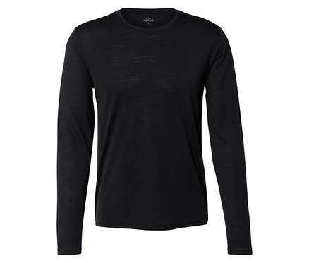 Schwarzes, langärmliges Shirt auf einem weißen Hintergrund.