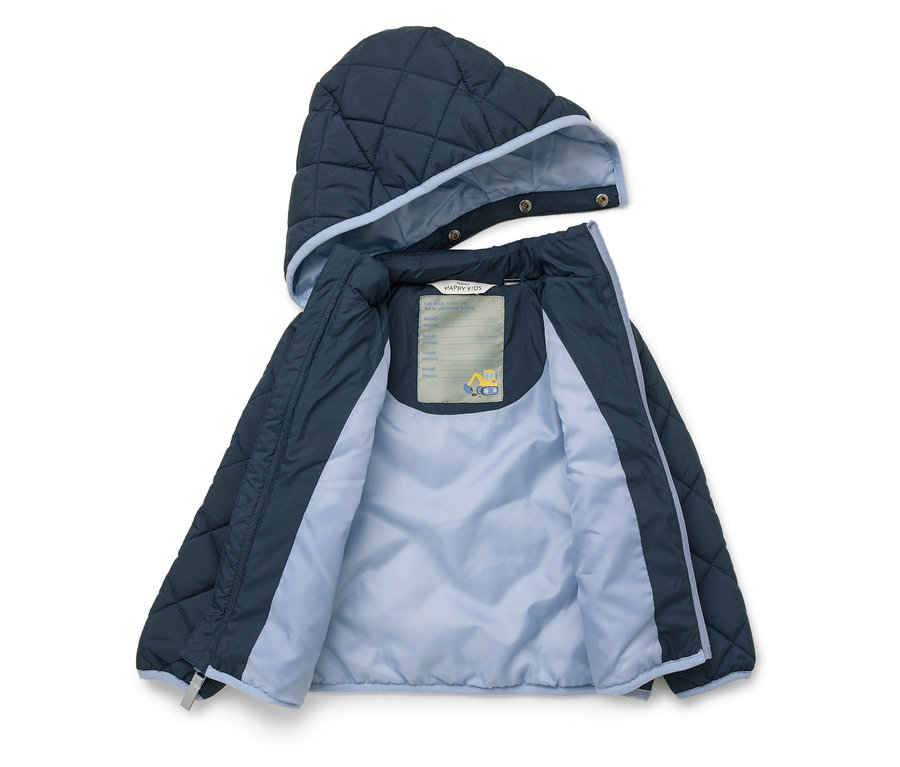 Offene marineblaue Steppjacke mit hellblauem Futter und Kapuze.