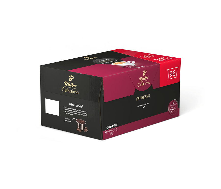 Schwarze und dunkelrote Cafissimo Espresso kräftig Packung mit 96 Kapseln, mit Stärkeanzeige und Kaffeetasse.