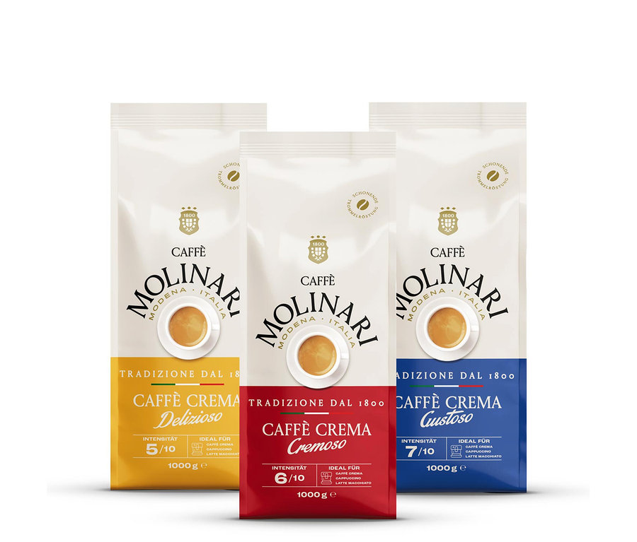 Drei Packungen Caffè Molinari Kaffee in verschiedenen Farben, darunter eine Packung Caffè Molinari Caffè Crema Probierset - Ganze Bohne.