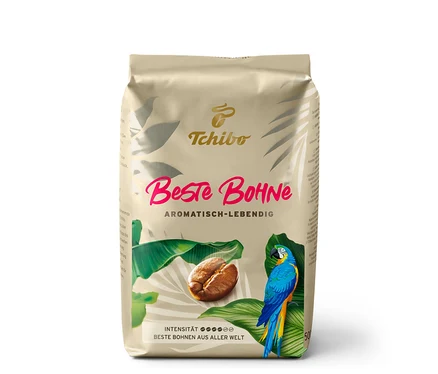 Eine Kaffeepackung mit einer Abbildung eines Papageis. 'Beste Bohne - 500 g Ganze Bohne'