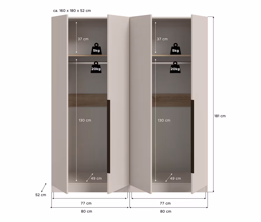 xonox Kleiderschrank »Nordic«, 4-türig, in Hellbeige mit dunklen Griffen und Holzoptik-Paneel. Er hat zwei identische Abteile, jeweils mit einem oberen Fach (5kg), einer Kleiderstange (20kg) und einem unteren Fach. Maße: ca. 160 x 180 x 52 cm.