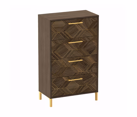 Dunkelbraune Kommode »Glenn« mit fünf Schubladen, geometrischem Muster aus helleren Holztönen und goldenen Linien. Jede Schublade hat einen goldenen Griff, die Kommode steht auf vier goldenen Beinen.