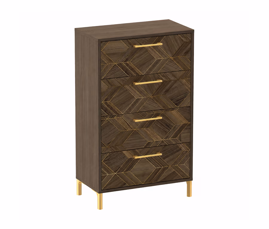 Dunkelbraune Kommode »Glenn« mit fünf Schubladen, geometrischem Muster aus helleren Holztönen und goldenen Linien. Jede Schublade hat einen goldenen Griff, die Kommode steht auf vier goldenen Beinen.