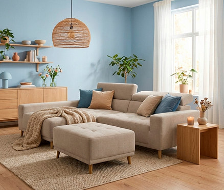 Ein Wohnzimmer mit hellblauen Wänden, einem beigen Ecksofa, einem passenden Hocker und einem beigen Teppich. Eine Rattan-Pendelleuchte hängt über dem Sofa, und ein Holzschrank mit Regalen steht an der Wand.