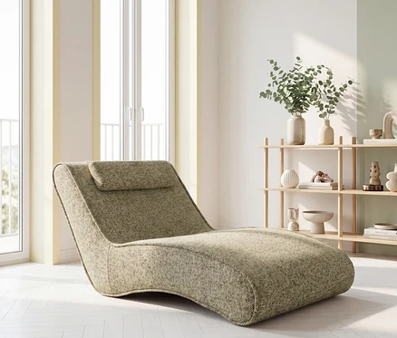 Eine moderne, hellgrüne Stoff-Chaiselongue mit Kopfstütze steht auf einem hellen Holzboden. Links sind große Fenster, rechts ein Holzregal mit Deko und Pflanzen.