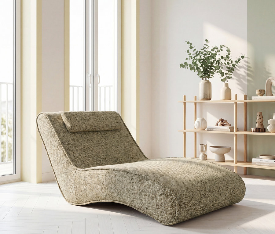Eine moderne, hellgrüne Stoff-Chaiselongue mit Kopfstütze steht auf einem hellen Holzboden. Links sind große Fenster, rechts ein Holzregal mit Deko und Pflanzen.