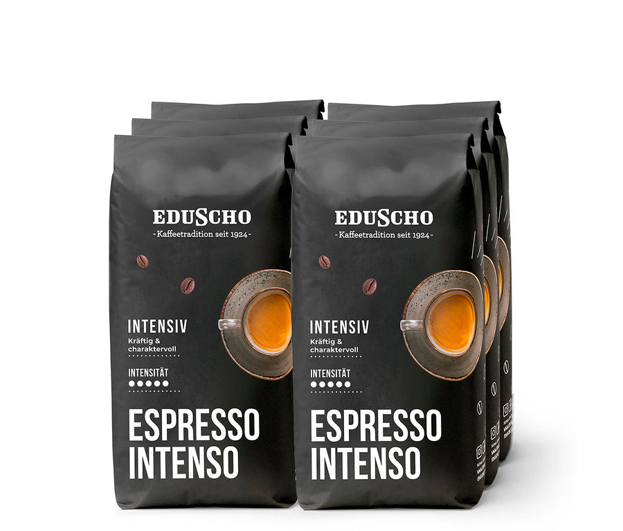 Schwarze Packungen Eduscho Espresso Intenso in einer Reihe.