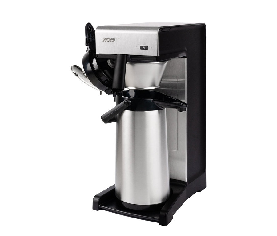 Silberfarbene Bravilor-Bonamat TH Spar-Set Kaffeemaschine mit schwarzen Elementen.