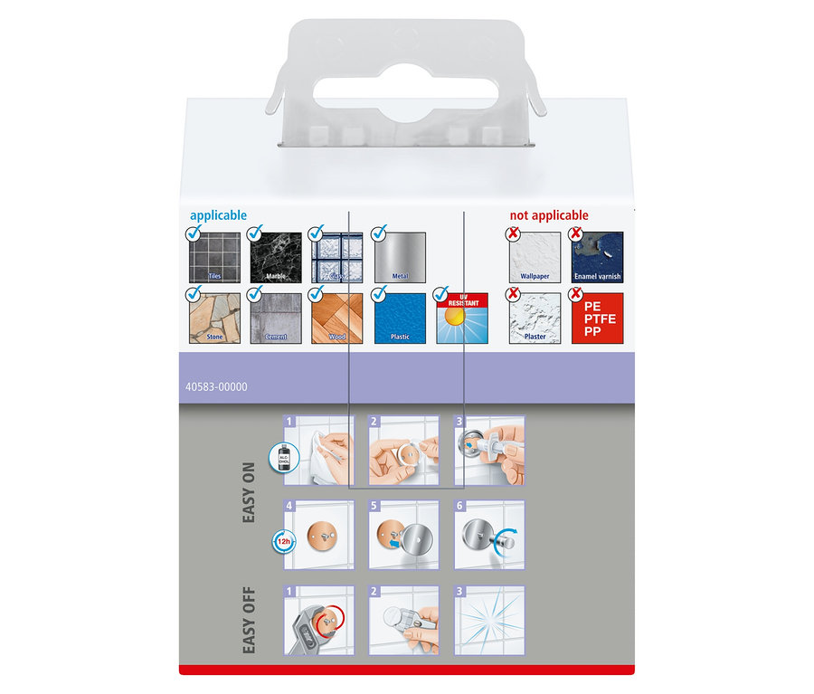 Rückseite einer Produktverpackung für den tesa® MOON Handtuchhaken, die anwendbare und nicht anwendbare Oberflächen sowie Anleitungen zur Montage und Demontage zeigt.