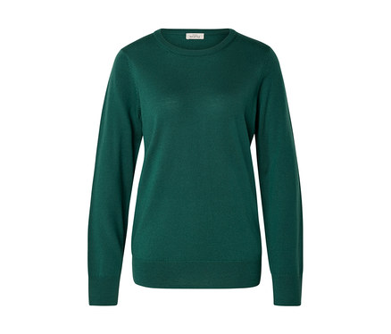 Dunkelgrüner Langarmpullover mit Rundhalsausschnitt, gerippten Bündchen und Saum, flach liegend.