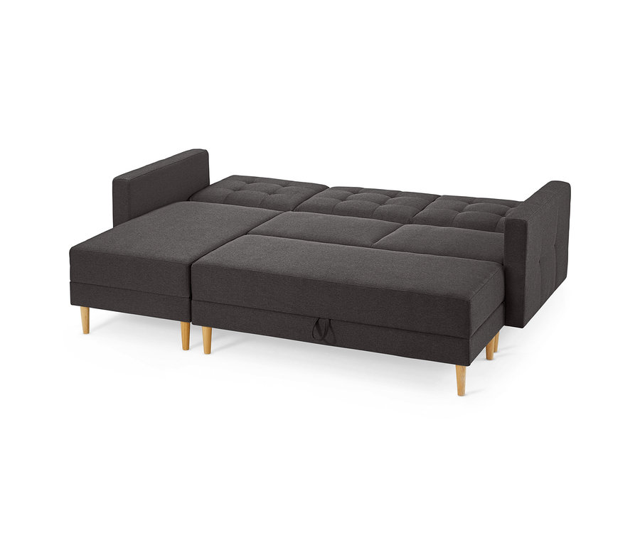 Dunkelgraues Federkern-Eckschlafsofa »Just Relax« mit ausgezogener Liegefläche und Stauraumbank.