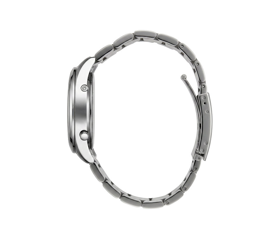Kienzle Uhr Funkmeister, grau, von der Seite, mit offenem Metallgliederarmband.