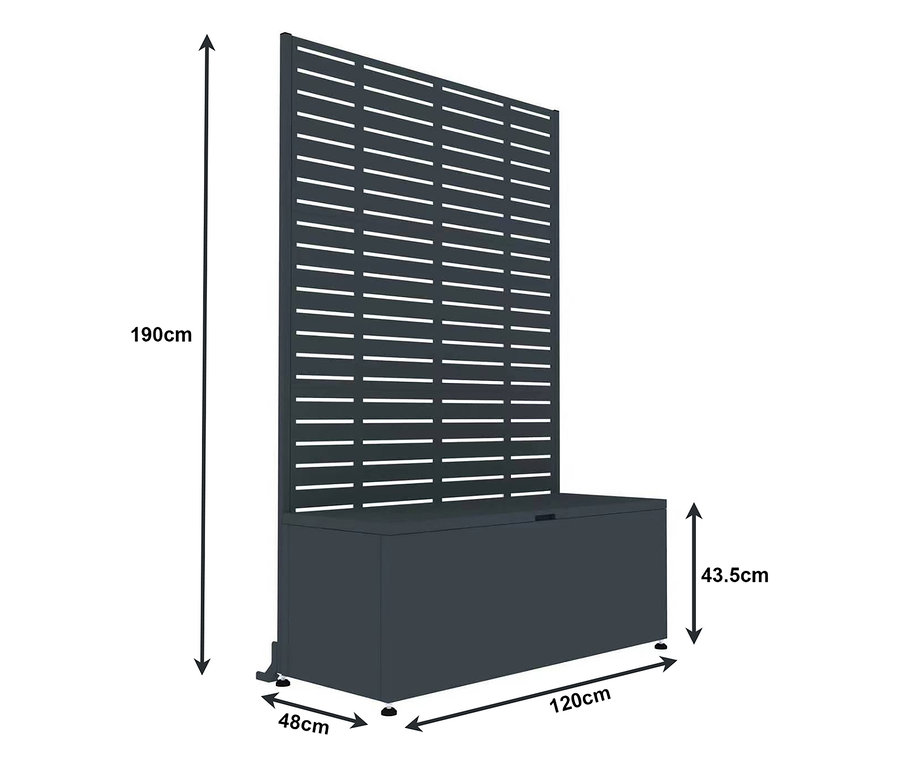 Dunkelgrauer Sichtschutz mit Sitzbank und Stauraum, 190 cm hoch, die Bank ist 43,5 cm hoch, 120 cm breit und 48 cm tief.