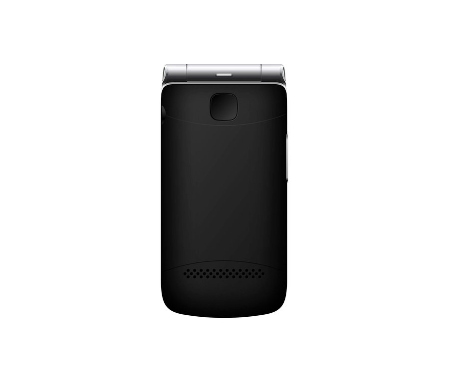 Detailansicht der Rückseite eines schwarzen Telefons. Zu sehen ist das schwarze Bea-fon SL605 LTE.