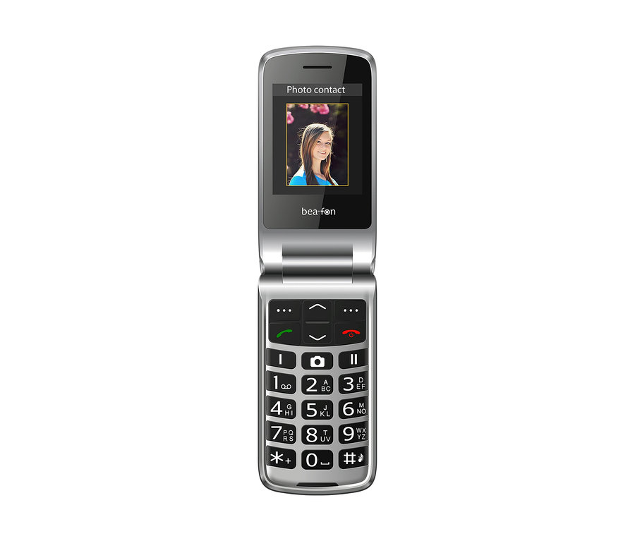 Silbernes Bea-fon SL605 LTE schwarz Klapphandy mit Zifferntastatur.