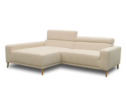 DOMO Sofa Malmö in Creme mit Longchair links, Kopfteilverstellung und Holzfüßen.