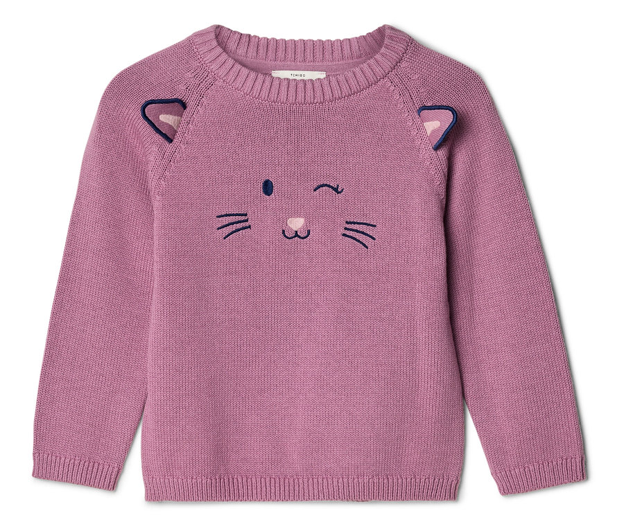 Rosa Strickpullover mit Katzengesicht-Design auf der Vorderseite, mit gestickten Augen, Nase, Mund, Schnurrhaaren und zwei kleinen Ohren an den Schultern.