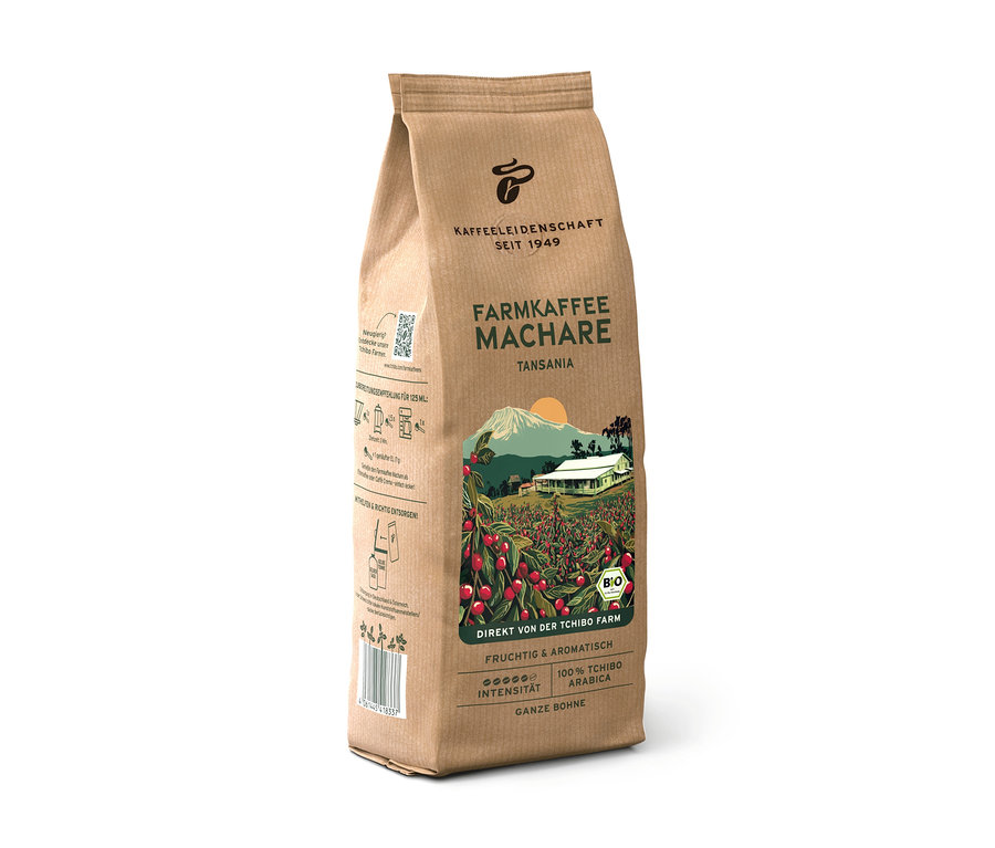Braune Papiertüte Farmkaffee Machare Ganze Bohne mit Abbildung einer Kaffeeplantage und Bergen.