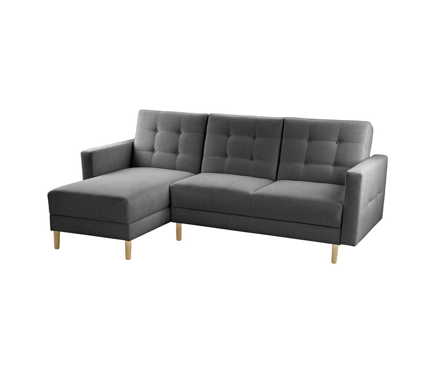 Dunkelgraues L-förmiges Sofa mit getufteten Rückenpolstern und hellen Holzbeinen, mit einer Chaiselongue auf der linken Seite.