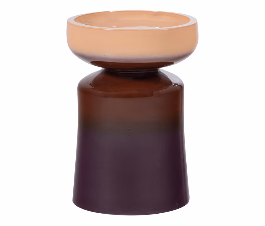 Kerzenhalter aus Keramik mit Farbverlauf von Pfirsich über Braun zu Aubergine.