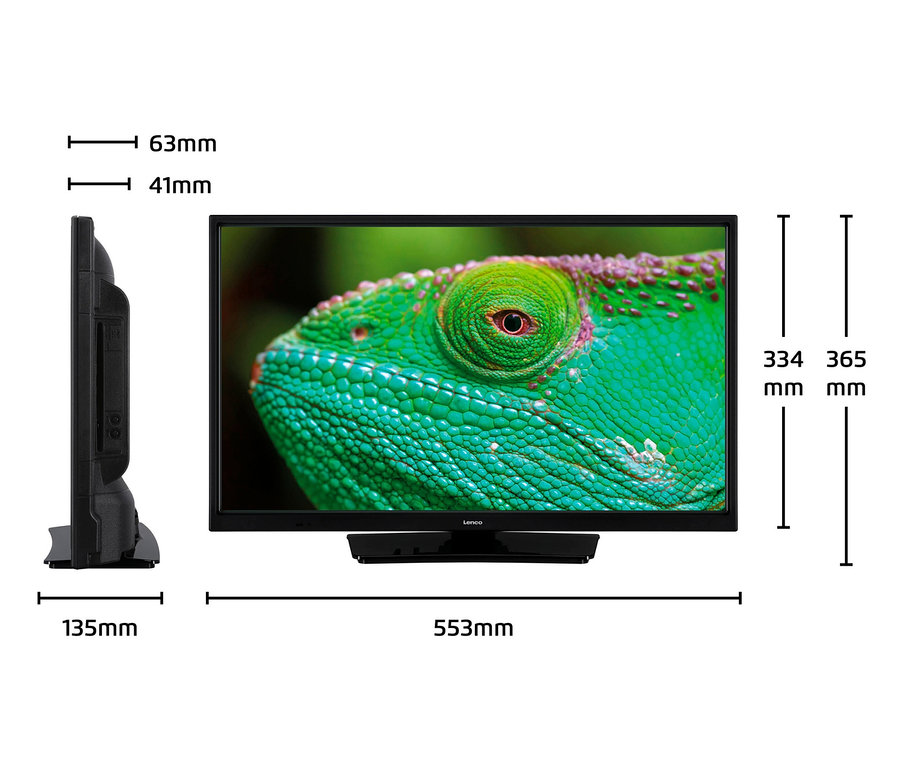 Lenco 24-Zoll-HD-LED-TV mit DVD-Player, der eine Nahaufnahme eines grünen Chamäleons zeigt.