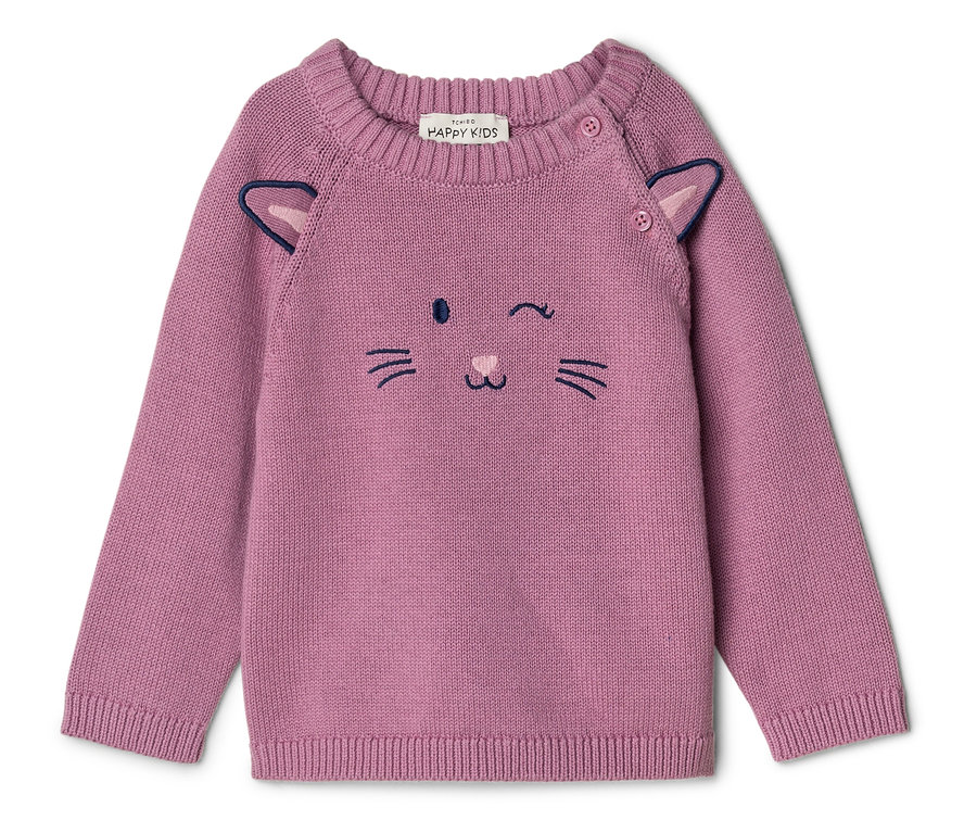 Rosa gestrickter Kinderpullover mit Katzengesicht. Er hat gestickte zwinkernde Augen, Nase und Schnurrhaare sowie zwei kleine 3D-Ohren an den Schultern und zwei Knöpfe an der linken Schulter.