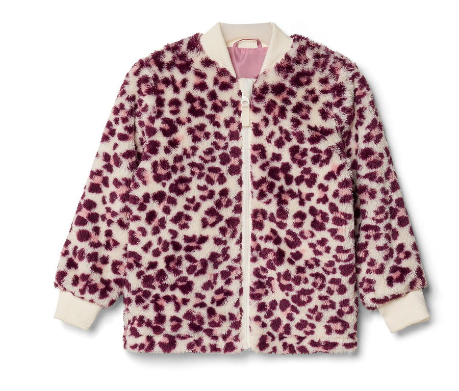 Flauschige 3-in-1-Kinder-Winterjacke in Creme mit lila Leopardenmuster, weißem Reißverschluss und gerippten Bündchen.