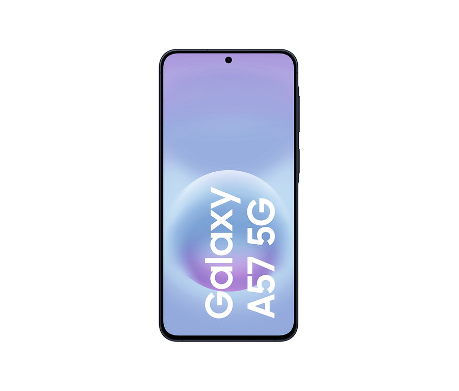 Schwarzes Samsung Galaxy A57 5G Smartphone mit vertikalem Text 'Galaxy A57 5G' auf dem Bildschirm.