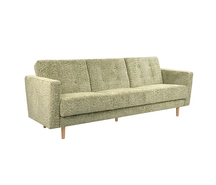 Hellgrünes 3-Sitzer Schlafsofa "Janny" mit strukturierter Oberfläche und Holzfüßen.