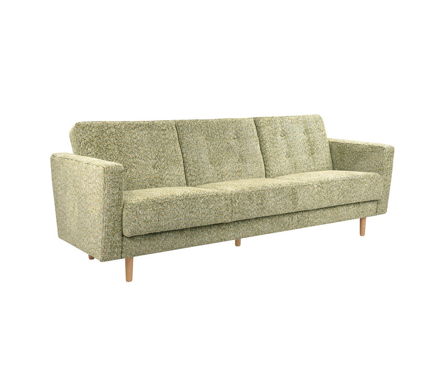 Hellgrünes 3-Sitzer Schlafsofa "Janny" mit strukturierter Oberfläche und Holzfüßen.