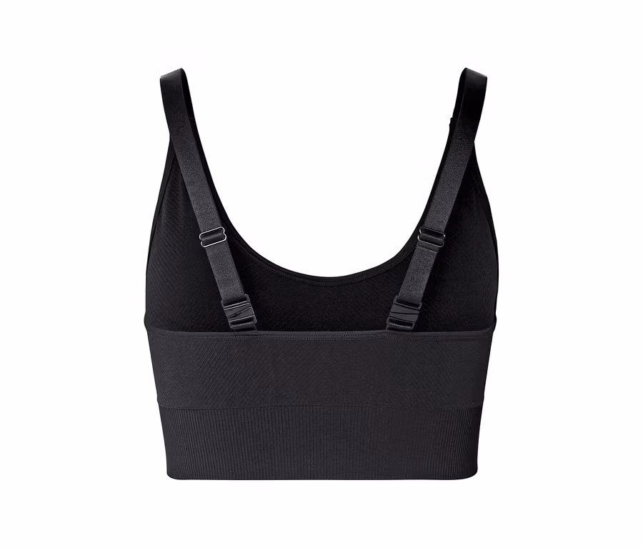 Schwarzer Sport-BH von hinten mit breiten, verstellbaren Trägern und geripptem Stoff.