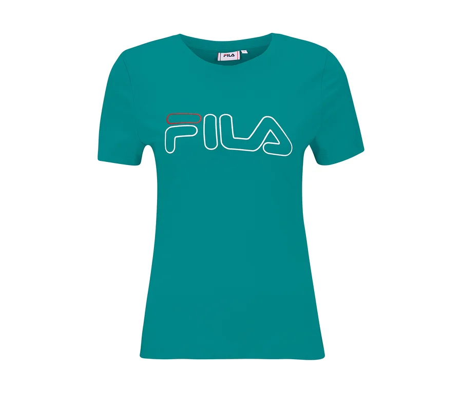 Türkises FILA Damen T-Shirt mit großem, weiß umrandetem FILA-Logo auf der Vorderseite.