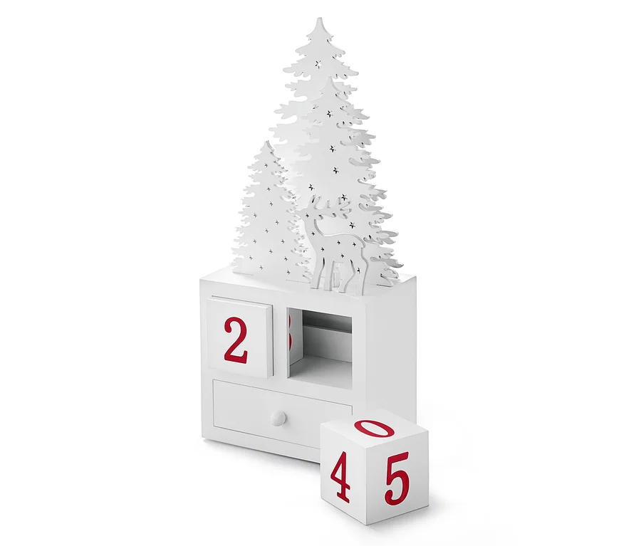 Weißer LED-Adventskalender in Form einer Kommode mit der Nummer 2 und einem Würfel mit den Nummern 4, 5 und 0.