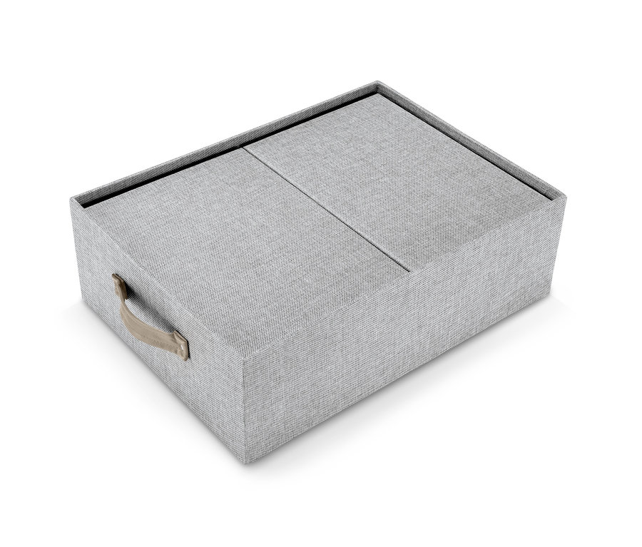Ein graues Ordnungsboxen-Set mit Deckel und einem Griff aus Leder.