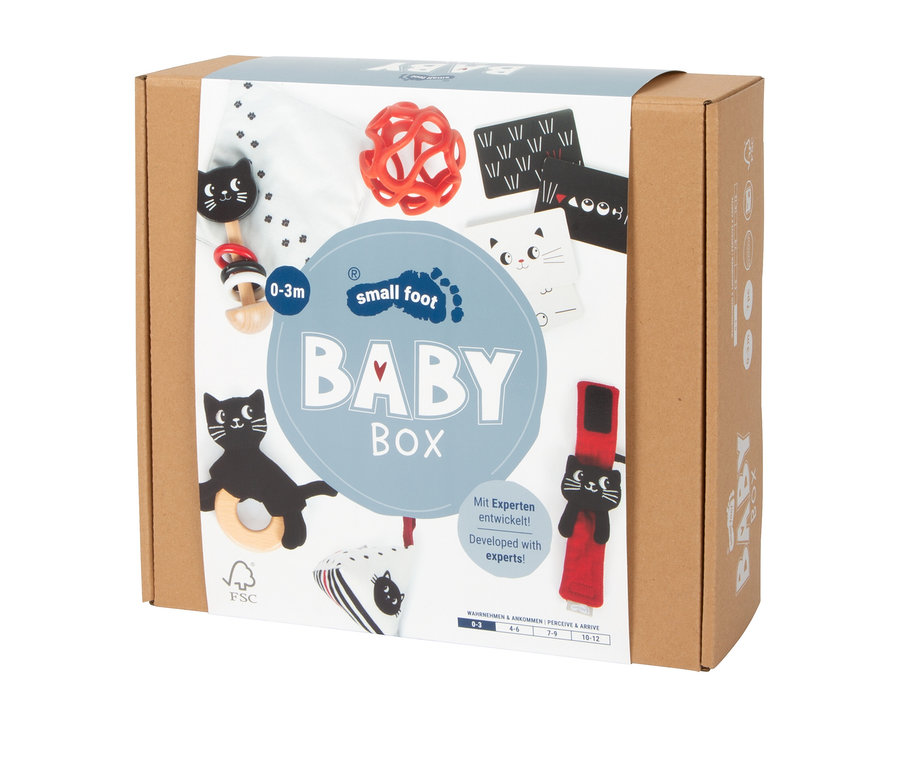 Brauner Karton mit weiß-blauem Aufdruck der „small foot BABY BOX“, die einen roten Greifball, eine schwarze Katzenrassel, einen Katzenbeißring, Kontrastkarten und eine rote Handgelenksrassel zeigt.