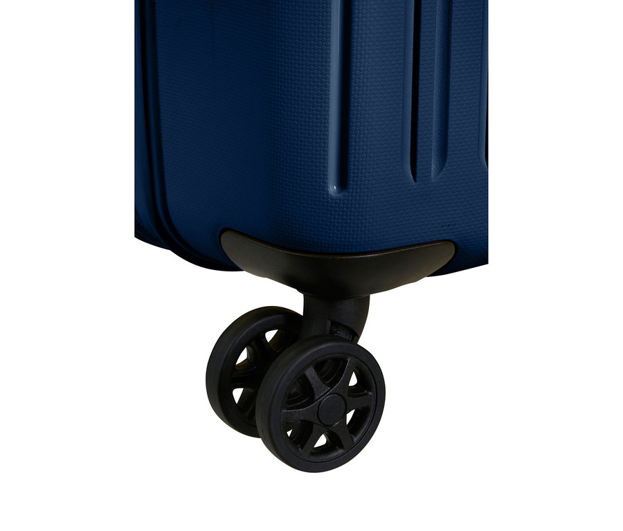 Detailansicht des American Tourister »Rejoy Spinner« in Navy Blue, mit Fokus auf ein schwarzes Doppelrad.