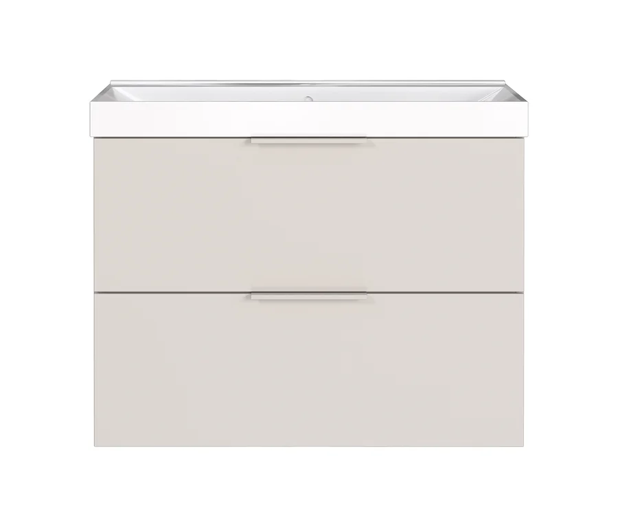 GW Waschtisch »Lasino« mit hohem Becken, hellbeiger Unterschrank mit zwei Schubladen und silbernen Griffen.