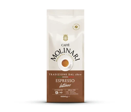 Eine Packung Caffè Molinari Espresso Intenso - 1 kg Ganze Bohne. Die Packung ist oben weiß mit dem Molinari-Logo und einer Espressotasse, unten braun mit der Aufschrift 'Espresso Intenso', Intensität 9/10 und 1000 g.