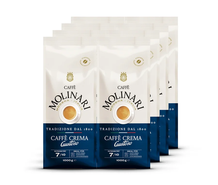 Fünf gestaffelt angeordnete Packungen Molinari Caffè Crema Gustoso Kaffee, weiß und dunkelblau, mit der Aufschrift "Intensität 7/10" und "1000 g e".