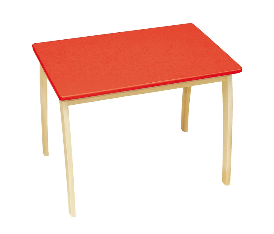 Ein roter roba Kindertisch mit Holzbeinen.