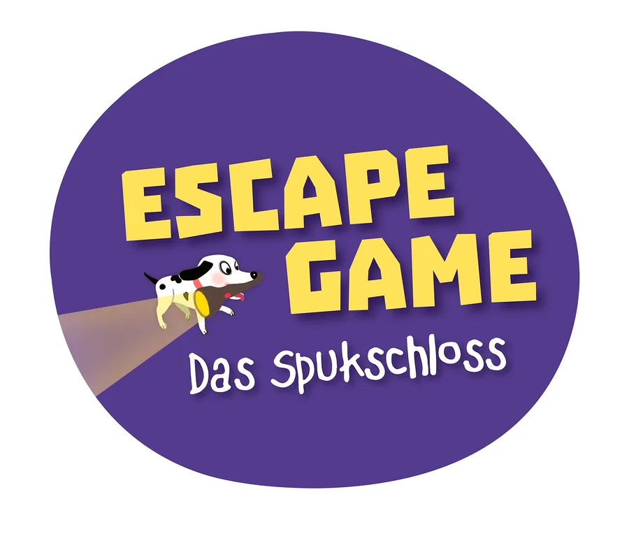 Lila rundes Logo mit gelbem Text "ESCAPE GAME". Ein weißer Cartoon-Hund mit schwarzen Flecken hält eine gelbe Taschenlampe, die einen Lichtstrahl wirft. Darunter steht in weißer Schrift "Das Spukschloss".