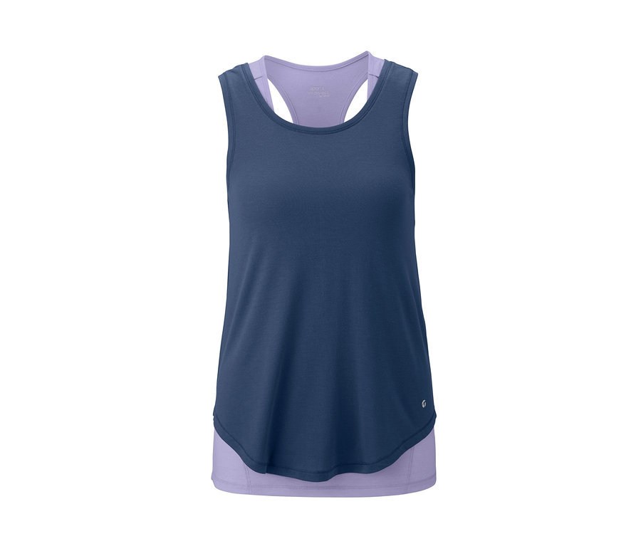 Dunkelblaues 2-in-1-Sporttop mit lila Tanktop.
